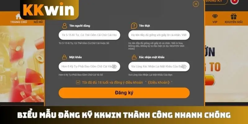 Biểu mẫu đăng ký KKWIN thành công nhanh chóng